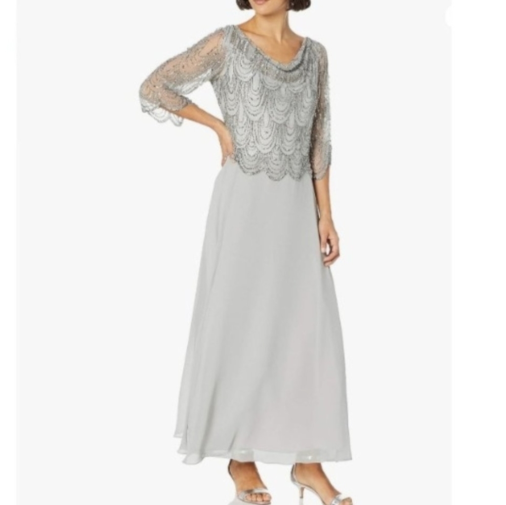 J Kara Elegant Silver Scallop Beaded Pop Over Evening Gown Size 8